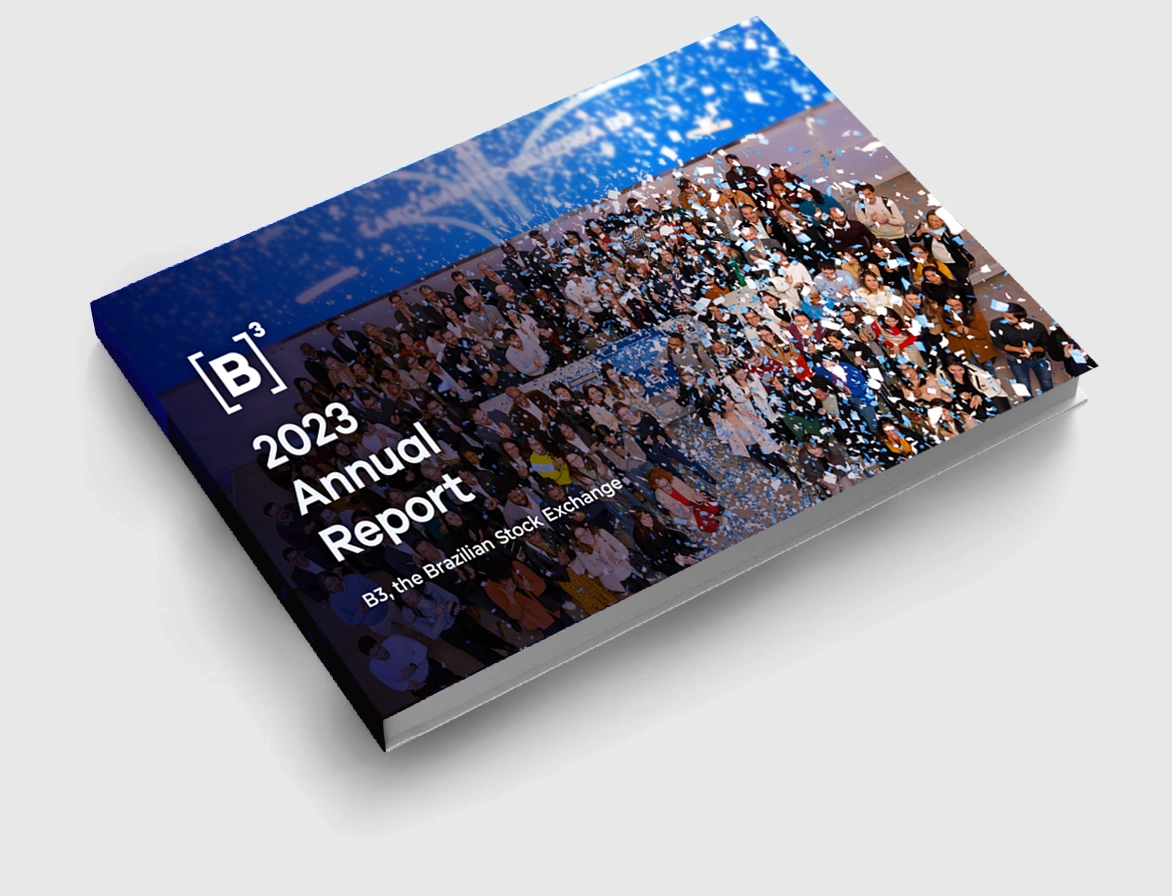 Cover of the 2023 Annual Report of B3, Brazil's stock exchange, with an image of a celebrating crowd and a colorful background.