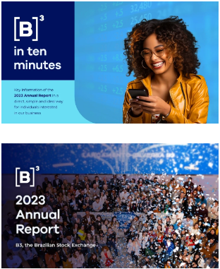 B3 in 10 Min, a smiling woman looking at her cell phone - annual report 2023, people in the background celebrating